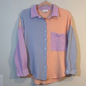 Pastel Color Block 100% Cotton Gauze Button Down Beachy Vacation Swim Cover Top